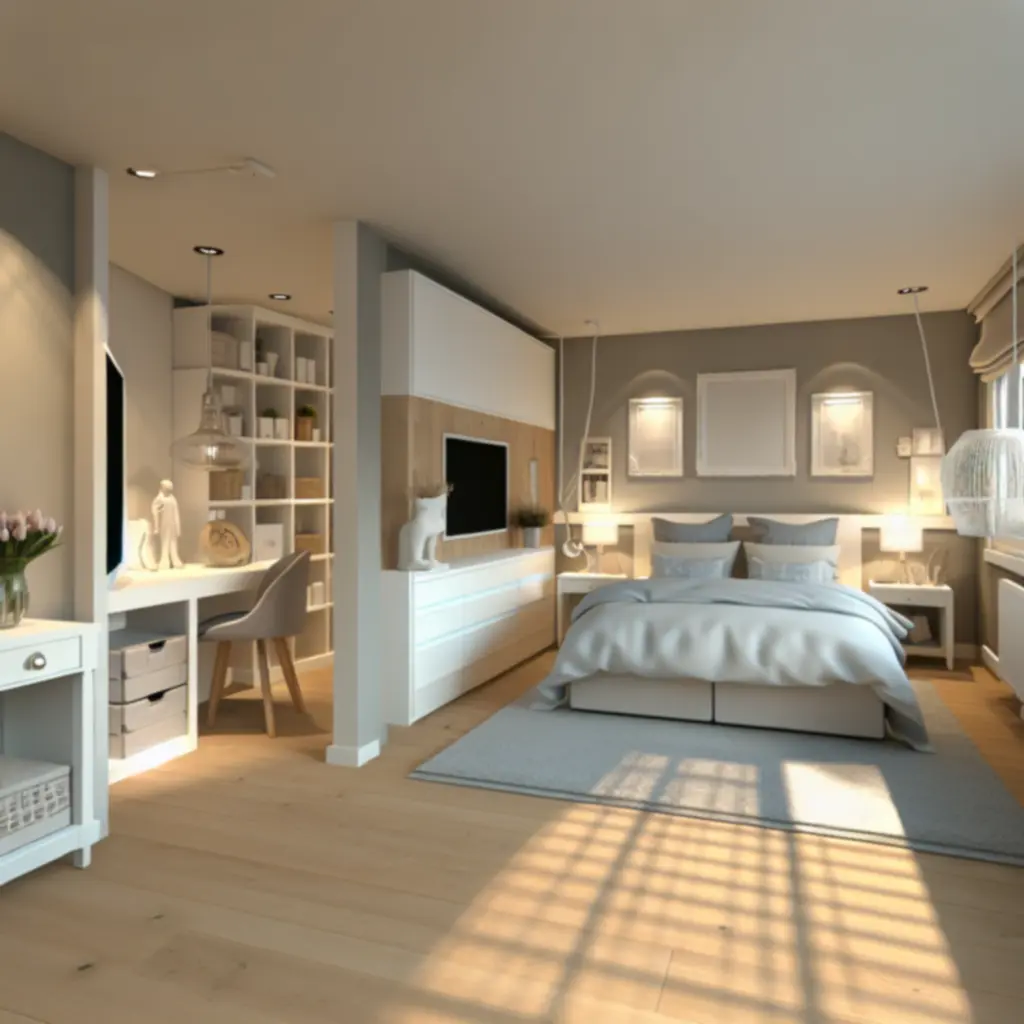 Voorbeeldontwerp van een slaapkamer met gebalancieerd kleurenschema en sfeer